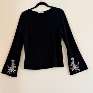 Redhaute Black Long-Sleeve Tee with White Embroidered Split Cuffs Size S